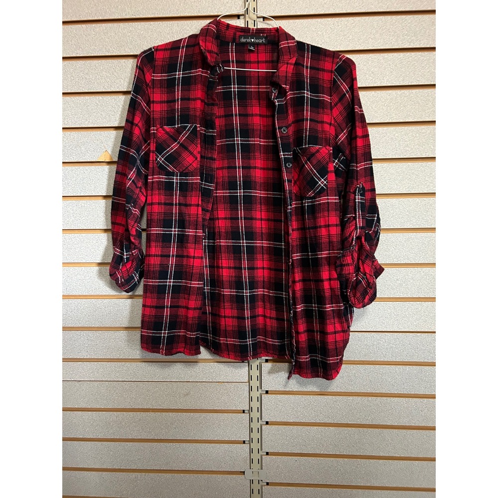 Derek Heart‎ Red Black Plaid Flannel Button Down Roll Tab Sleeve Shirt Womens L